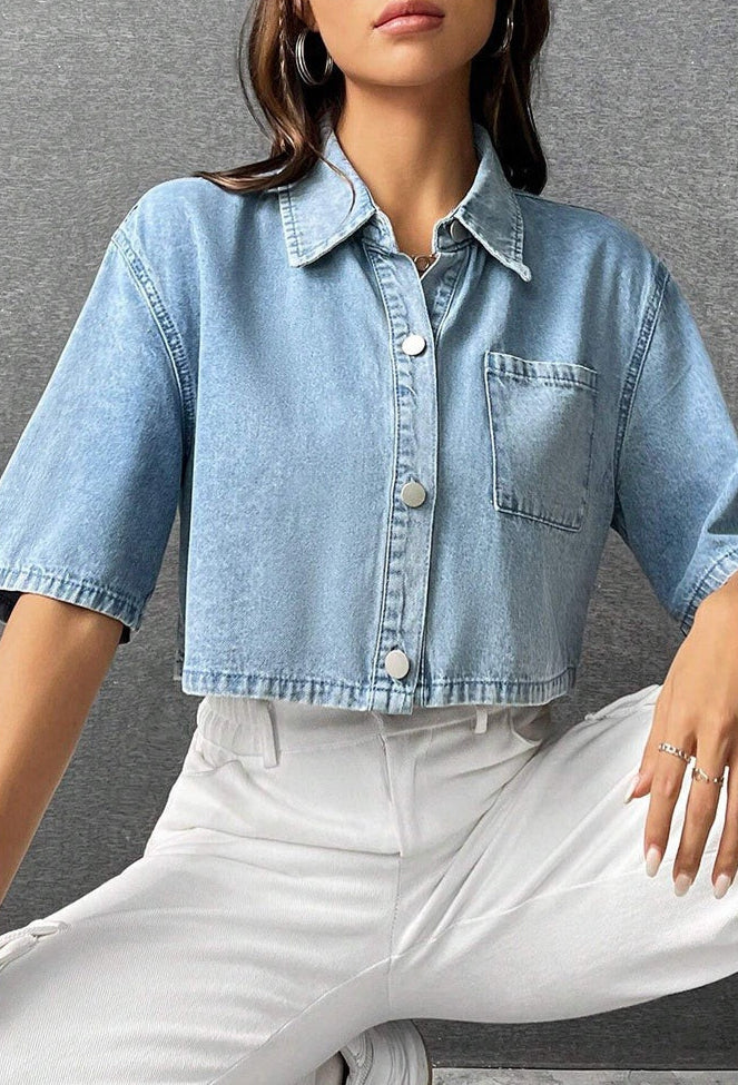 Chemise courte décontractée en denim pour femmes avec poche avant - Emilia