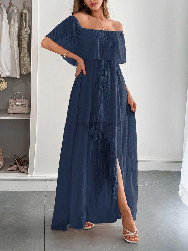 Robe longue femme plumeti mousseline de soie encolure bardot - Julieta