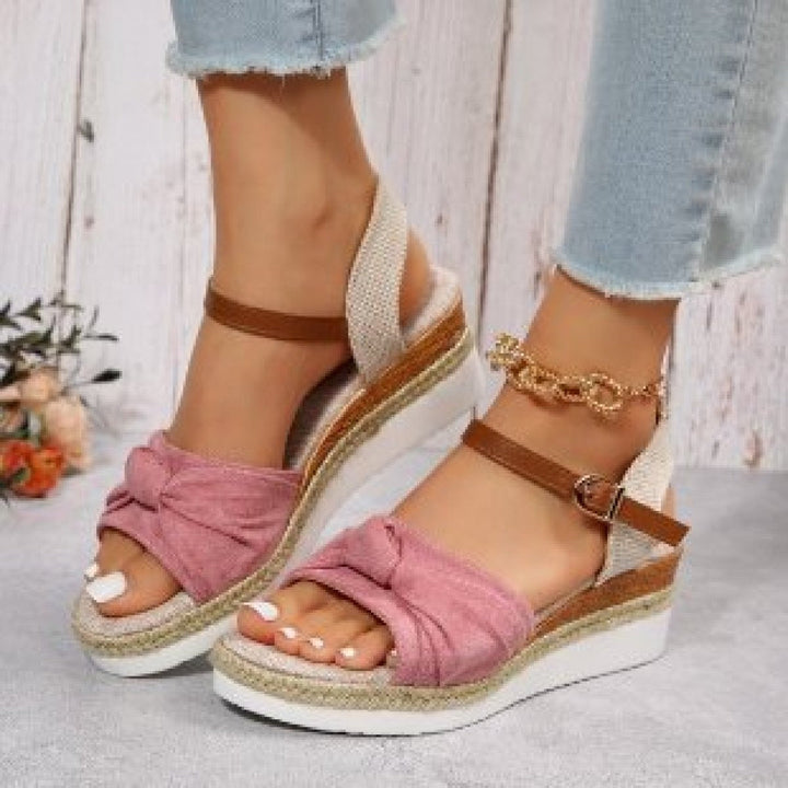 Sandales compensées pour femmes avec nœud en textile gris - Melania