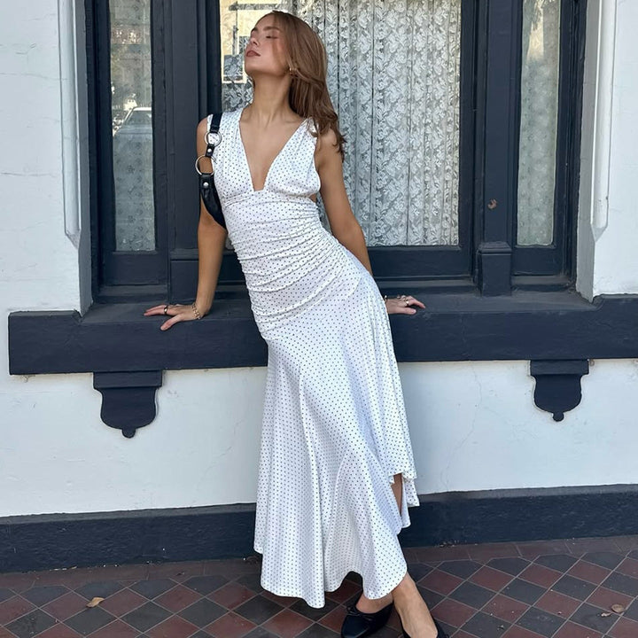 Robe longue à encolure croisée pour femme avec imprimé à pois - Helena