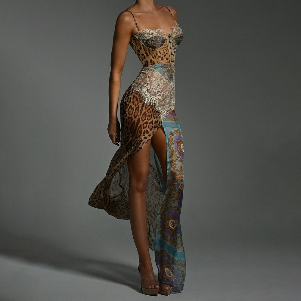 Robe asymétrique en dentelle et mousseline imprimée pour femme - Samira