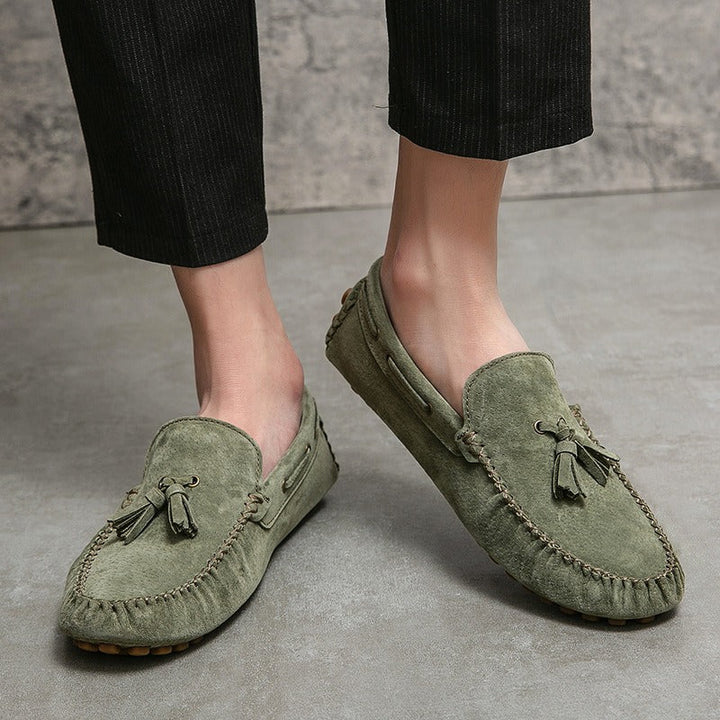 Mocassins à semelle souple et à glands en daim vert olive pour hommes - Alessio