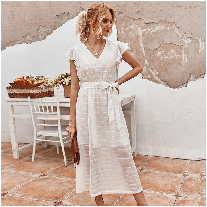 Robe midi femme mousseline de soie texturée coupe évasée - Adriana