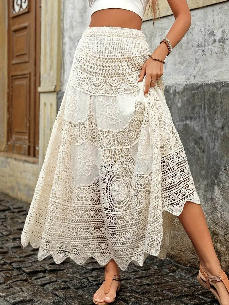 Jupe longue pour femme avec dentelle artisanale style bohème - Mariana
