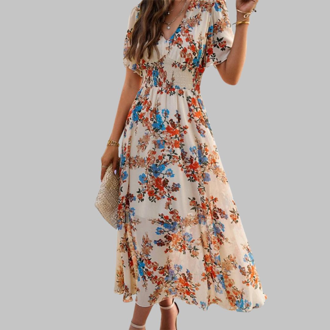 Mareina - Robe midi à col V floral et manches courtes