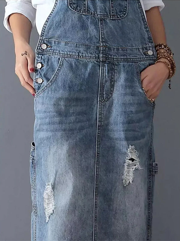 Robe à bavette en jean distressed avec fente dans le dos - Lara
