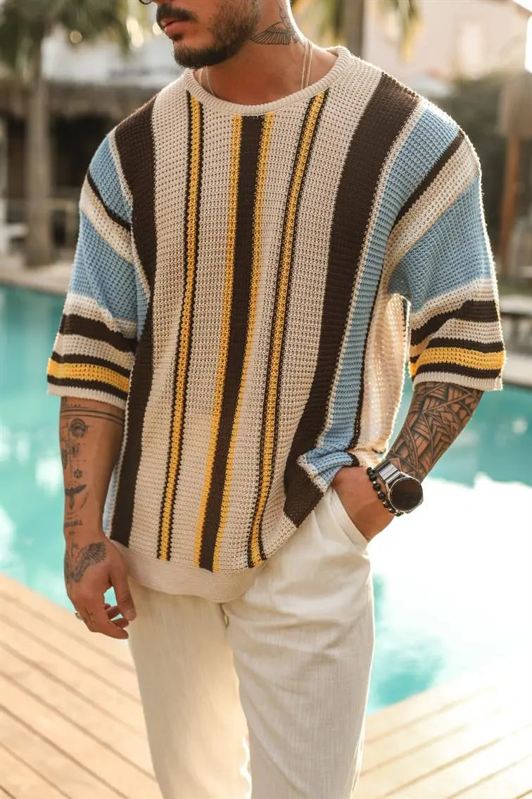 T-shirt en crochet ajouré à rayures multicolores pour hommes - Dorian