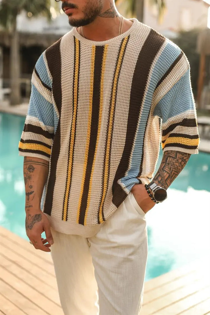 T-shirt en crochet ajouré à rayures multicolores pour hommes - Dorian