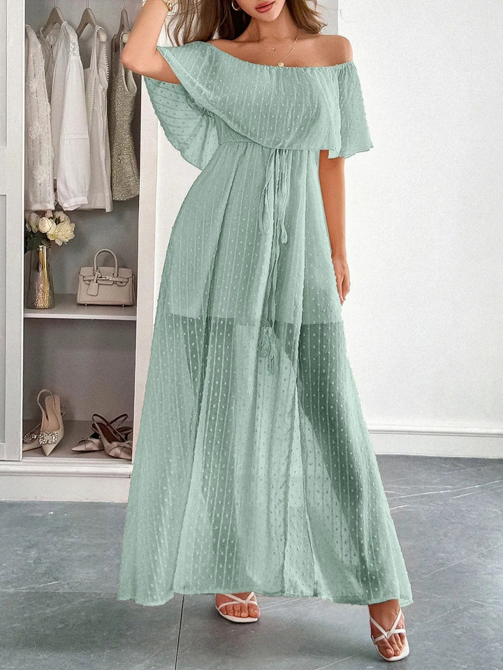 Robe longue femme plumeti mousseline de soie encolure bardot - Julieta