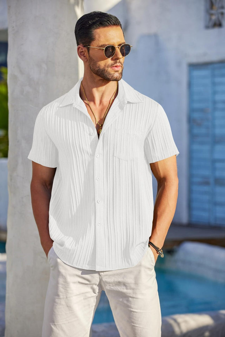 Chemise décontractée à manches courtes blanche texturée et côtelée - Adrien