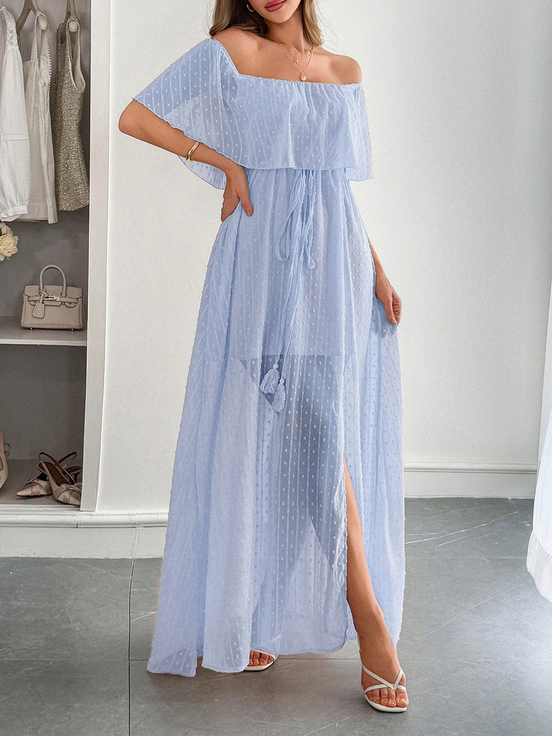 Robe longue femme plumeti mousseline de soie encolure bardot - Julieta