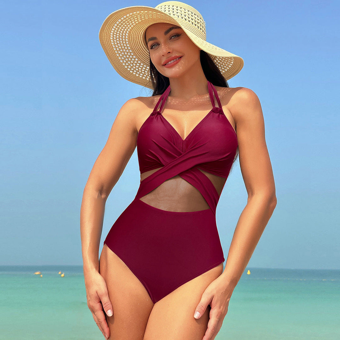 Maillot de bain une pièce été Solid Color Cross-strap