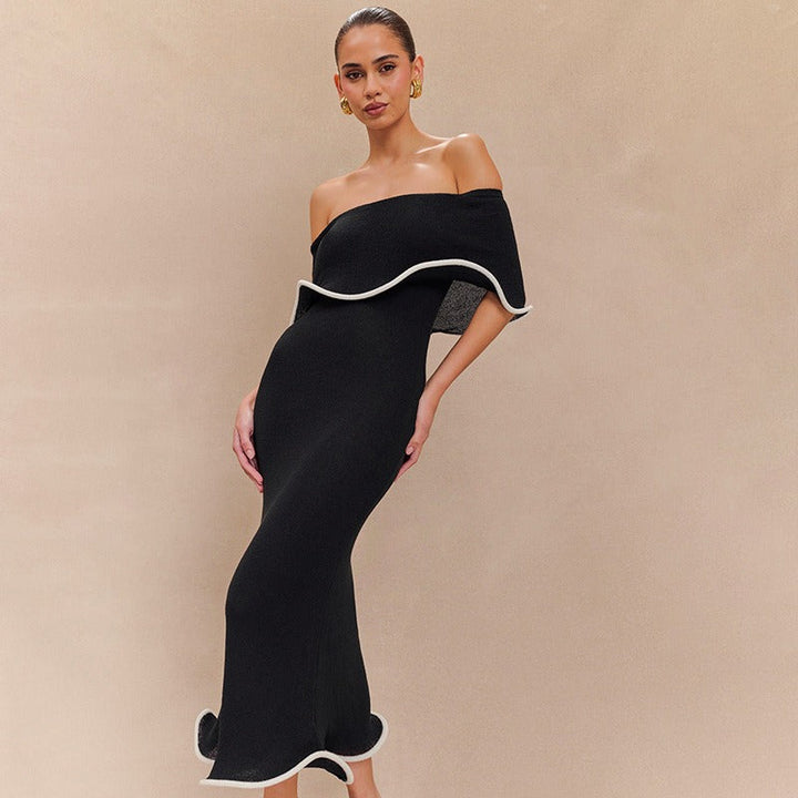 Robe longue pour femme avec encolure bardot et volants de style sirène - Camila