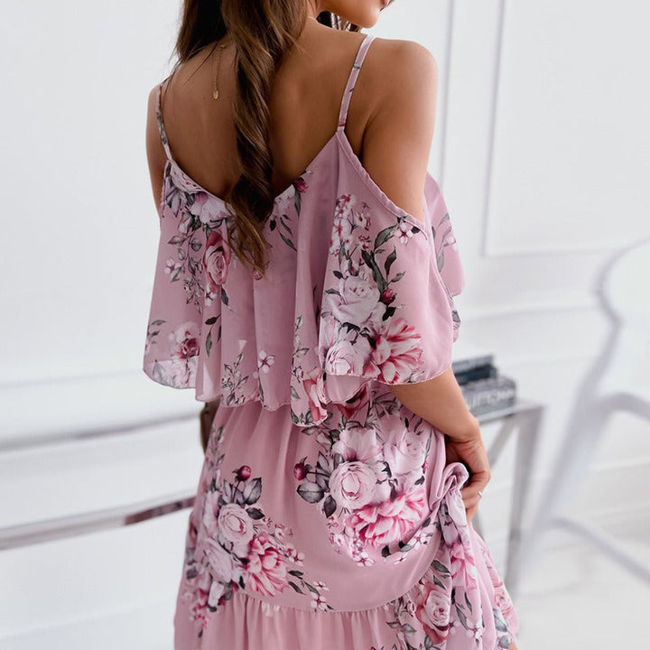 Robe courte en mousseline de soie florale à volants et épaules dénudées pour femme - Emilia