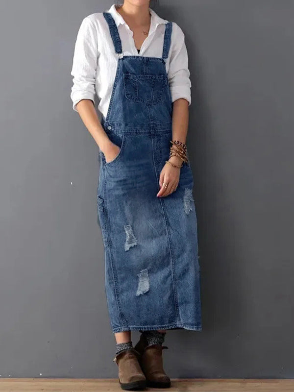 Robe à bavette en jean distressed avec fente dans le dos - Lara