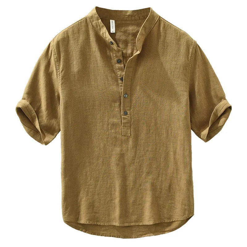 Chemise homme décontractée lin marron col mao - Dario