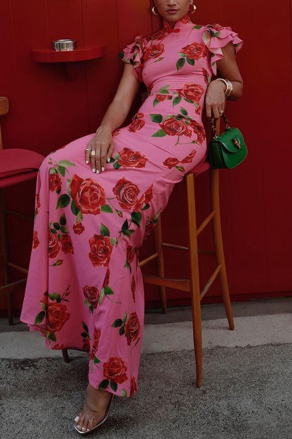 Elena - Robe longue à manches évasées et imprimé floral rose