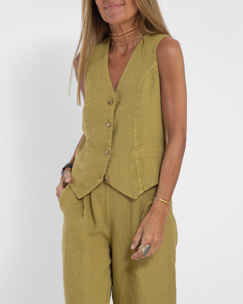 GracefulEase - Simple Elegant Linen Vest and Wide Trousers Set (Ensemble gilet et pantalon large en lin)