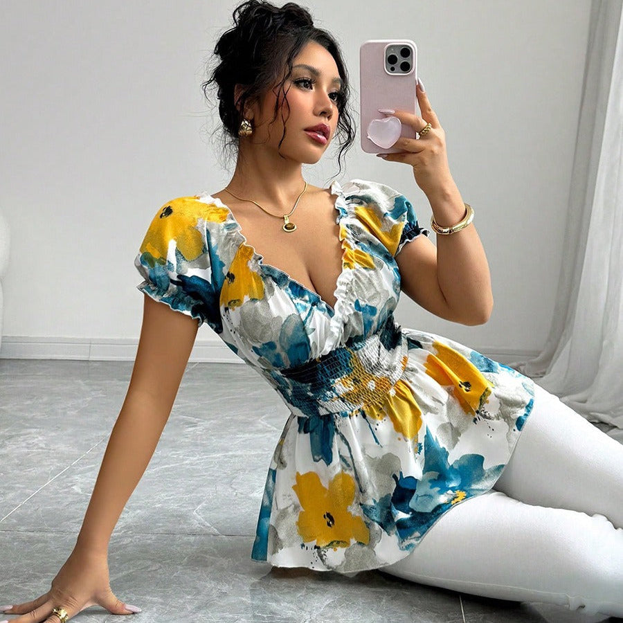Chemisier femme décolleté plongeant imprimé floral coupe péplum - Yelina