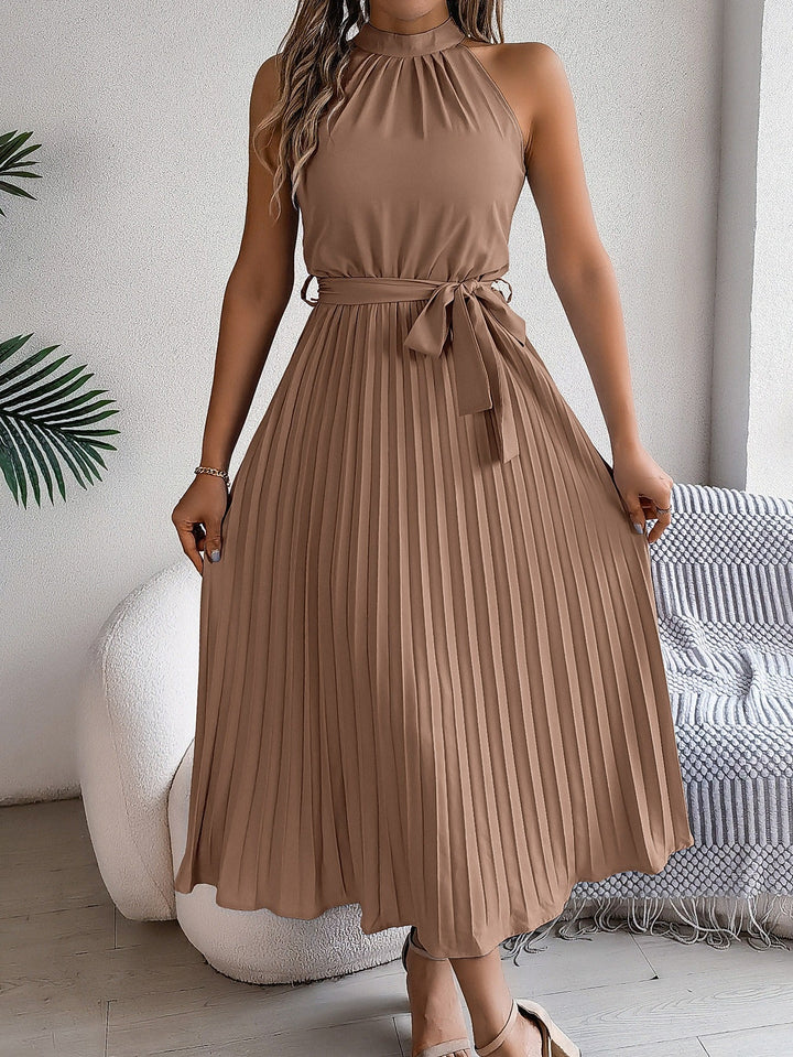 Robe midi plissée sans manches à encolure licou pour femme - Camila