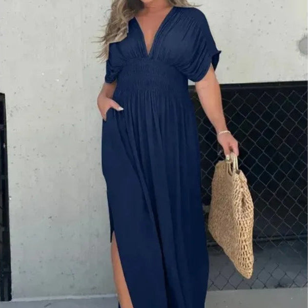 Robe longue à col en V et taille froncée pour femme - Renata