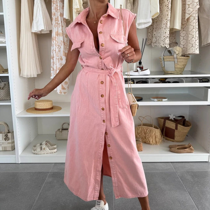 Robe midi femme sans manches en denim avec boutons et ceinture - Estelle