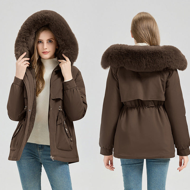 Manteau court avec large capuche et col en fausse fourrure - Lareen