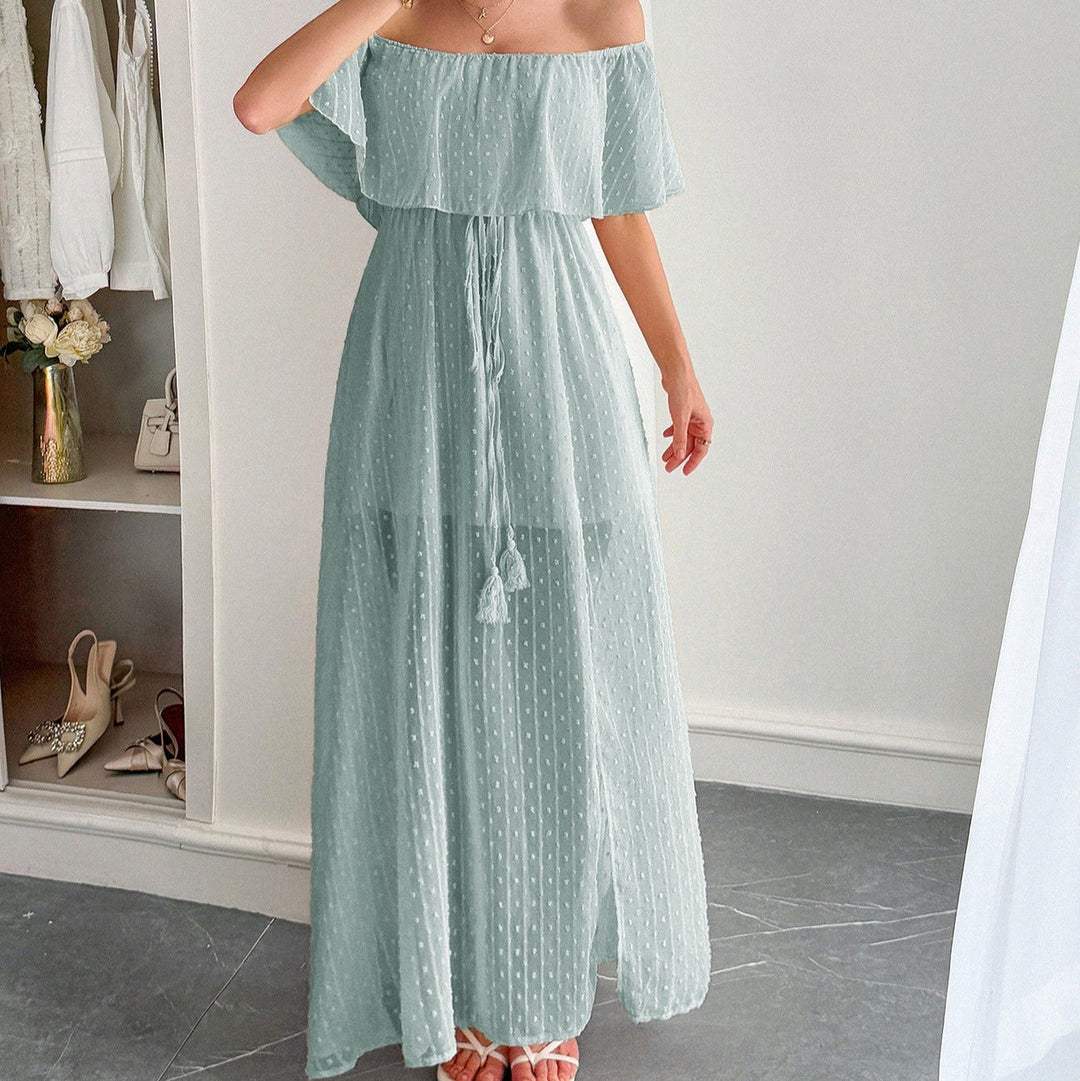 Robe longue pour femme en mousseline de soie plumeti avec encolure bateau fluide - Noelia