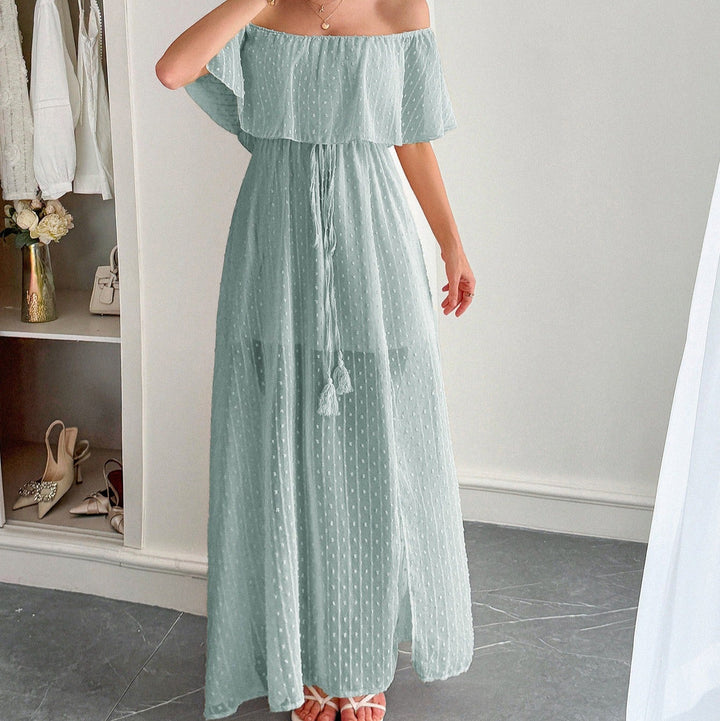 Robe longue pour femme en mousseline de soie plumeti avec encolure bateau fluide - Noelia
