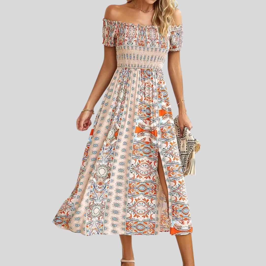 Aurora - Robe longue boho à épaules dénudées et à volants