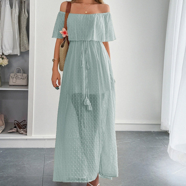 Robe longue pour femme en mousseline de soie plumeti avec encolure bateau fluide - Noelia