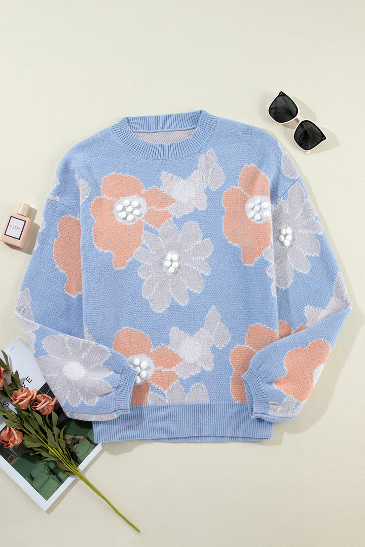 Blanche - Pull Tricoté à Col Rond Floral Bleu avec Épaules Tombantes