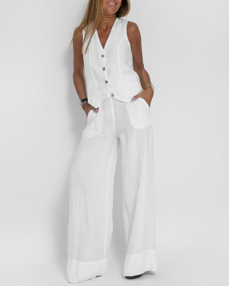 GracefulEase - Simple Elegant Linen Vest and Wide Trousers Set (Ensemble gilet et pantalon large en lin)