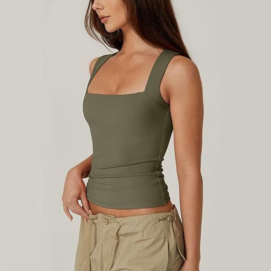 Top femme à encolure carrée et sans manches en tissu extensible - Elina