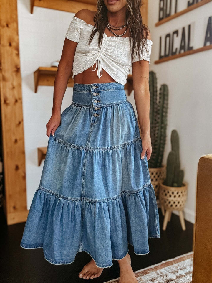 Jupe longue en denim à volants style bohème - Alaya