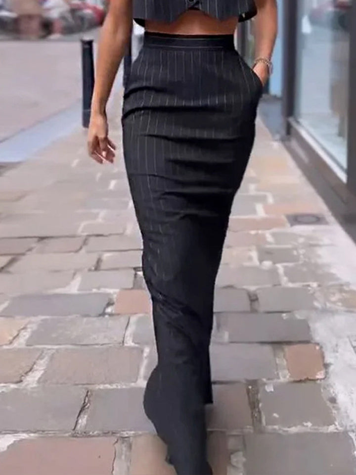 Gilda - Pinstripe Button Crop Two Pieces Skirt Set