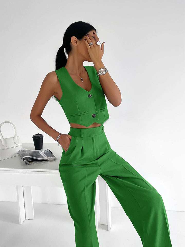 Velia - Ensemble gilet et pantalon unis à boutons