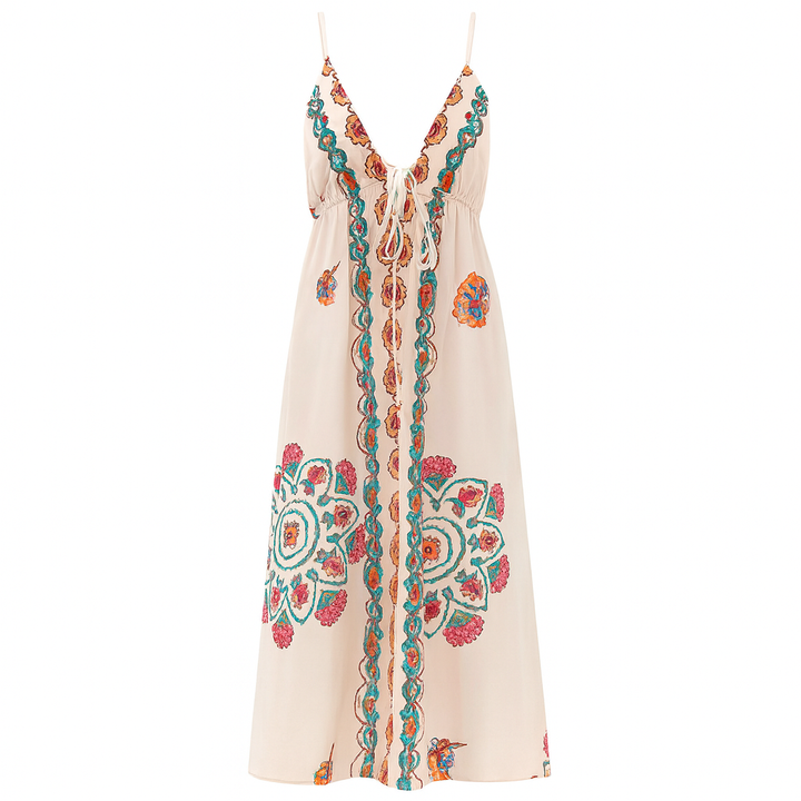 Robe longue dos nu broderie florale - Elara