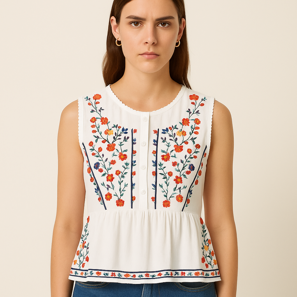 Blouse sans manches brodée de fleurs de Bohème - Alondra