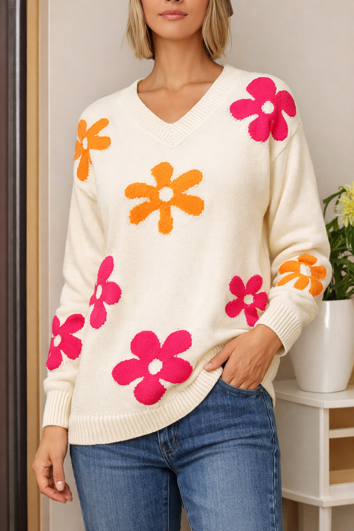 Pull en maille fleurie à col en V pour femme - Sahori