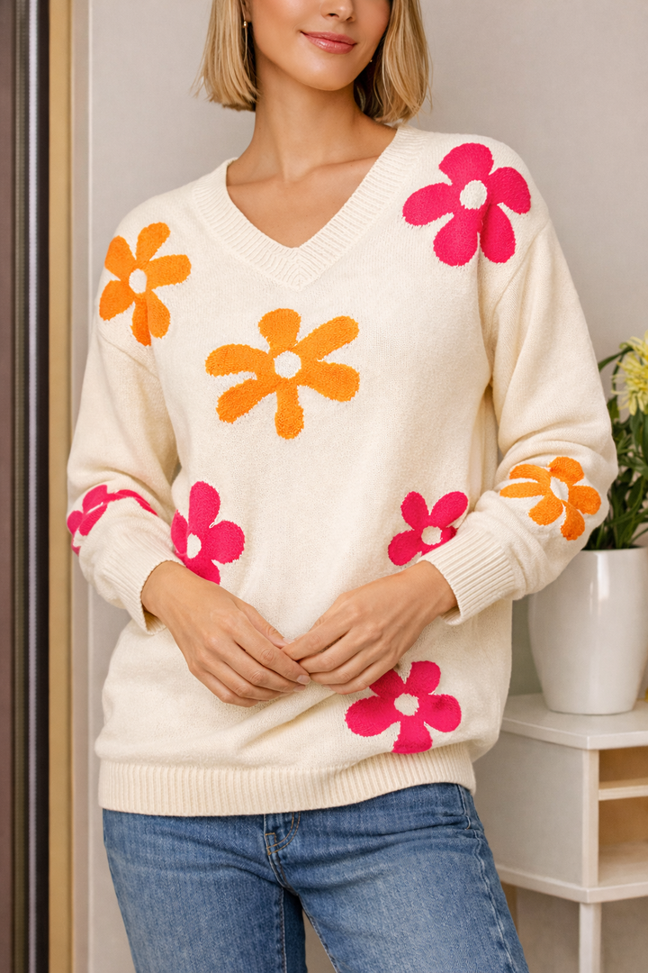 Pull en maille fleurie à col en V pour femme - Sahori