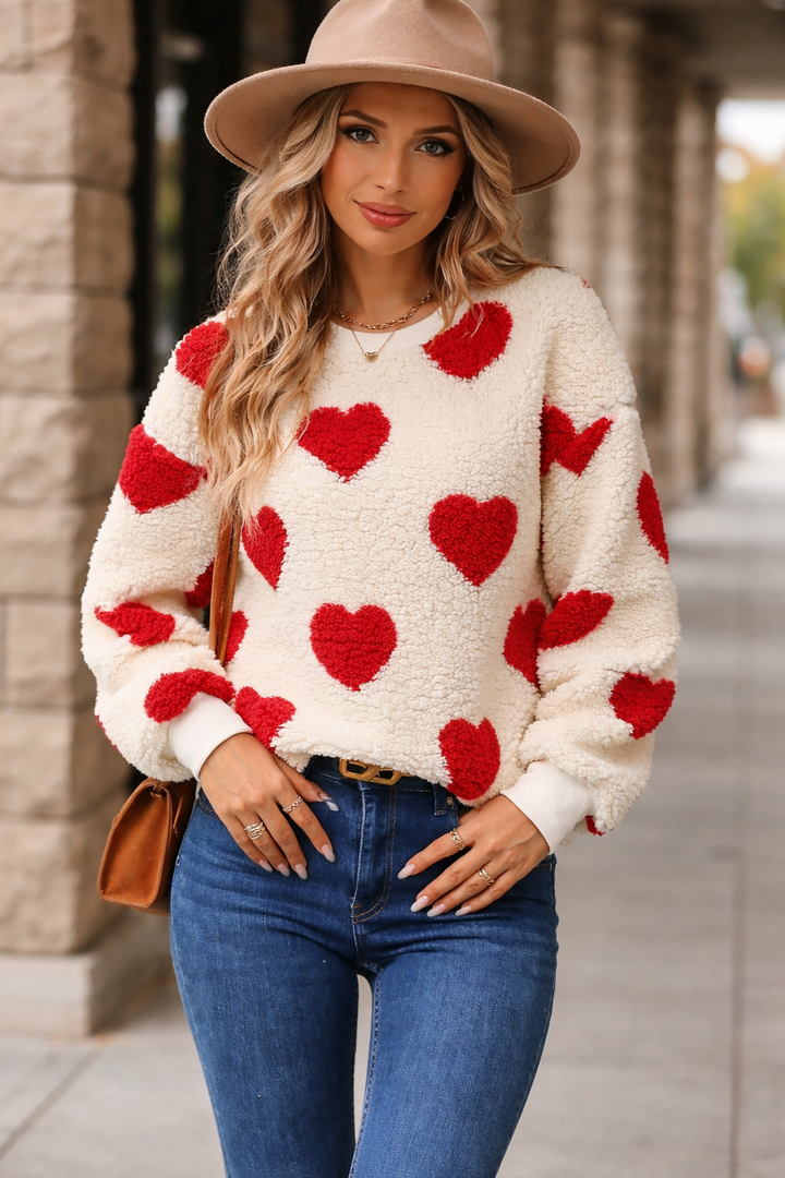 Pull pour femmes avec motif en forme de cœur et finition en polaire - Ilse