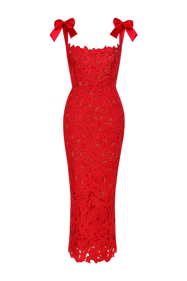 Robe ajustée avec dentelle florale et nœuds - Roselina