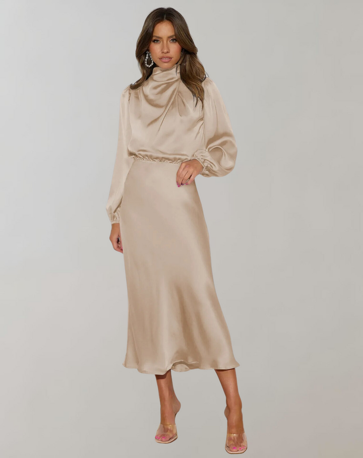 Robe féminine en satin à manches longues et col montant - Eleonora