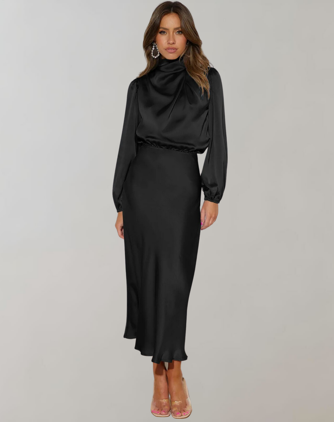 Robe féminine en satin à manches longues et col montant - Eleonora