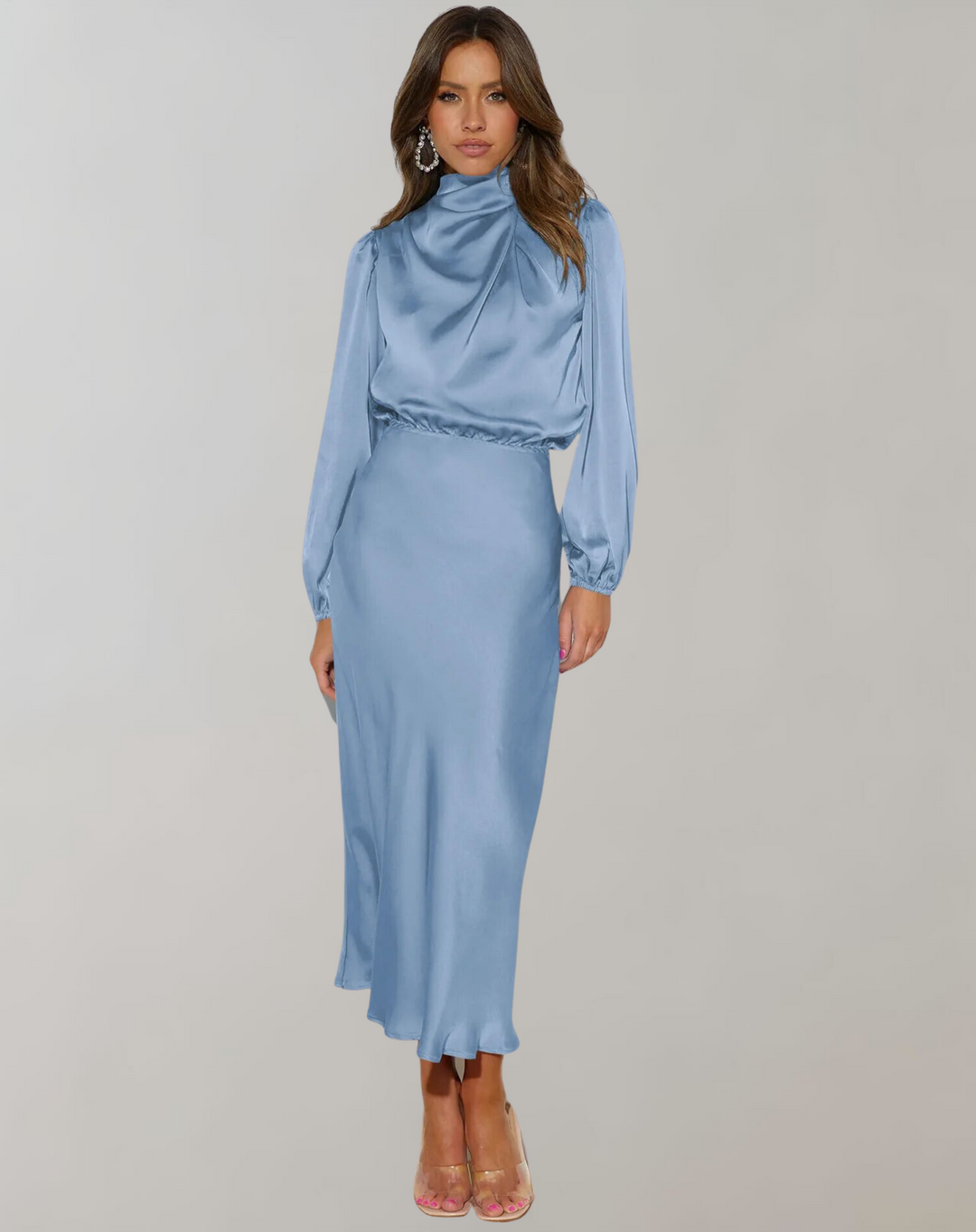 Robe féminine en satin à manches longues et col montant - Eleonora