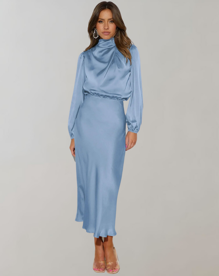 Robe féminine en satin à manches longues et col montant - Eleonora