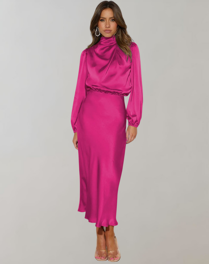 Robe féminine en satin à manches longues et col montant - Eleonora