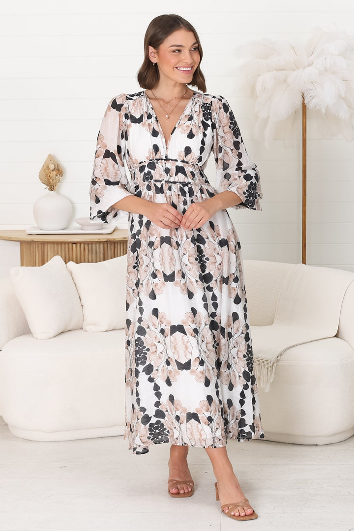 Helia Midi Dress - Robe trapèze avec col en V et taille plissée