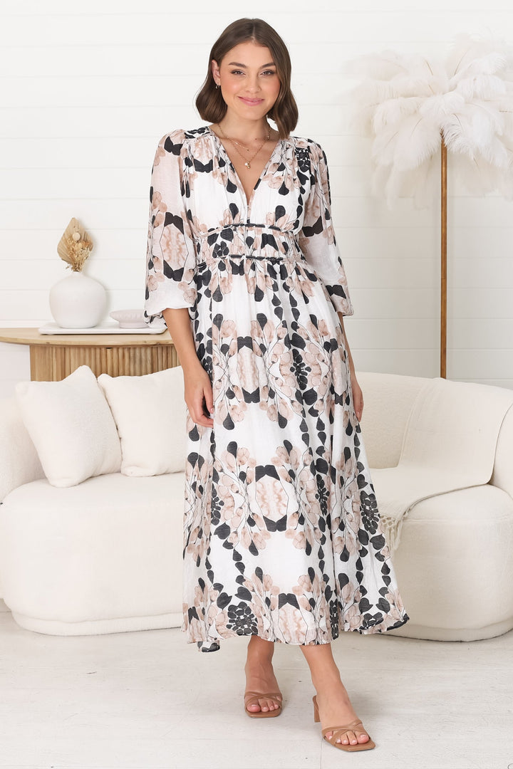 Helia Midi Dress - Robe trapèze avec col en V et taille plissée